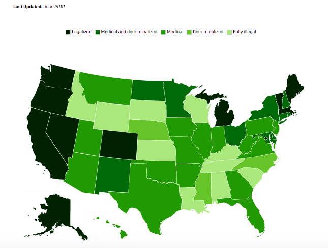 A map of the united states color coded based on the legality of marijuana in different states.